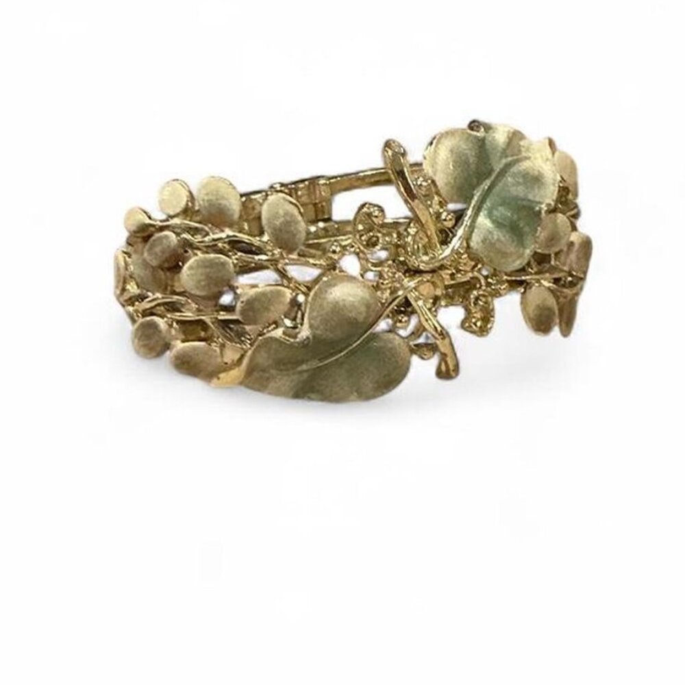 Vintage Gold Tone Leaf Floral Cuff Bracelet Green Enamel Botanical Nature - Picture 2 of 4